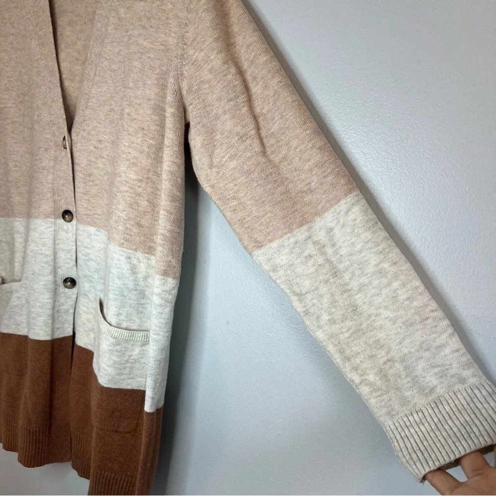 J.Jill Brown Tan Cotton Blend Long Sleeve Button-Down Colorblock Cardigan Sz M - Picture 6 of 10